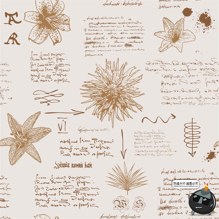 图片[3]-怀旧复古手绘欧美插画草图元素无缝图案背景底纹AI矢量JPG图素材-设计猿