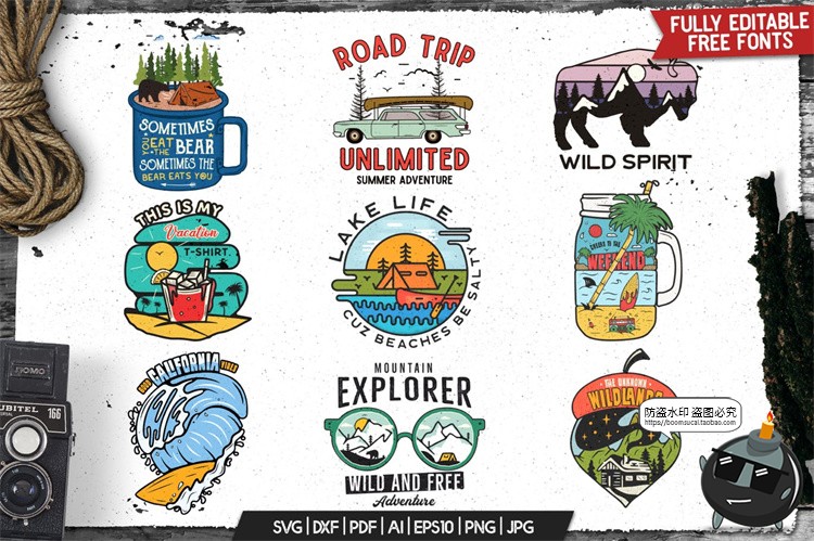 图片[1]-复古户外运动品牌插画Logo野营探险徽章徽标T恤印花AI矢量PSD素材-设计猿