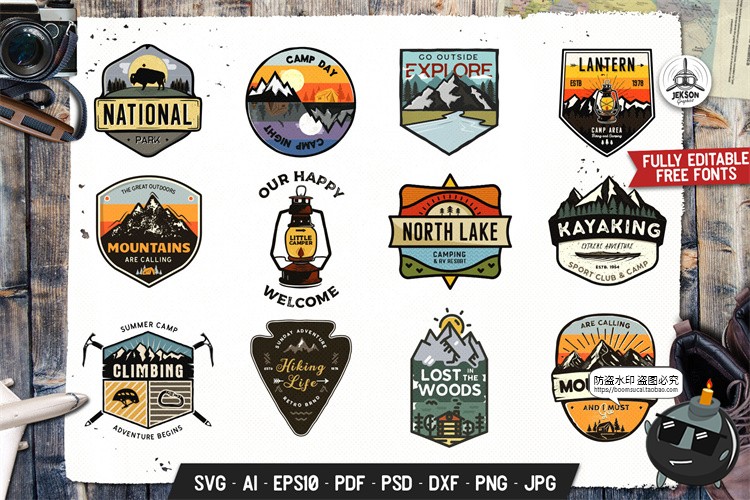 图片[2]-复古户外运动品牌插画Logo野营探险徽章徽标T恤印花AI矢量PSD素材-设计猿