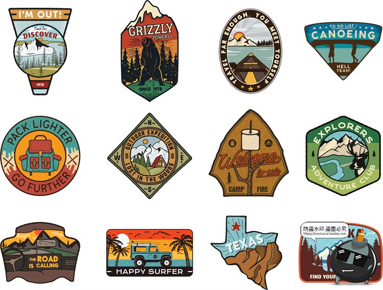 图片[3]-复古户外运动品牌插画Logo野营探险徽章徽标T恤印花AI矢量PSD素材-设计猿