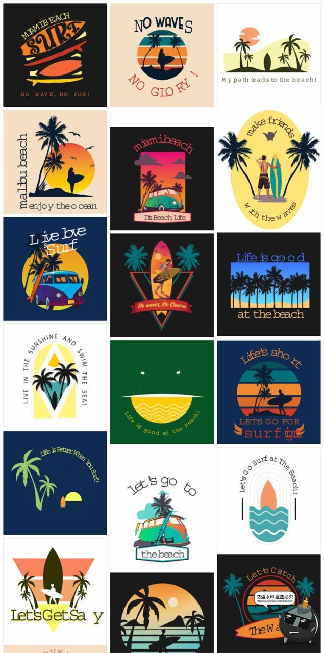 图片[1]-潮流复古夏日热带海边冲浪度假插画图案T恤印花矢量图AI图标素材-设计猿