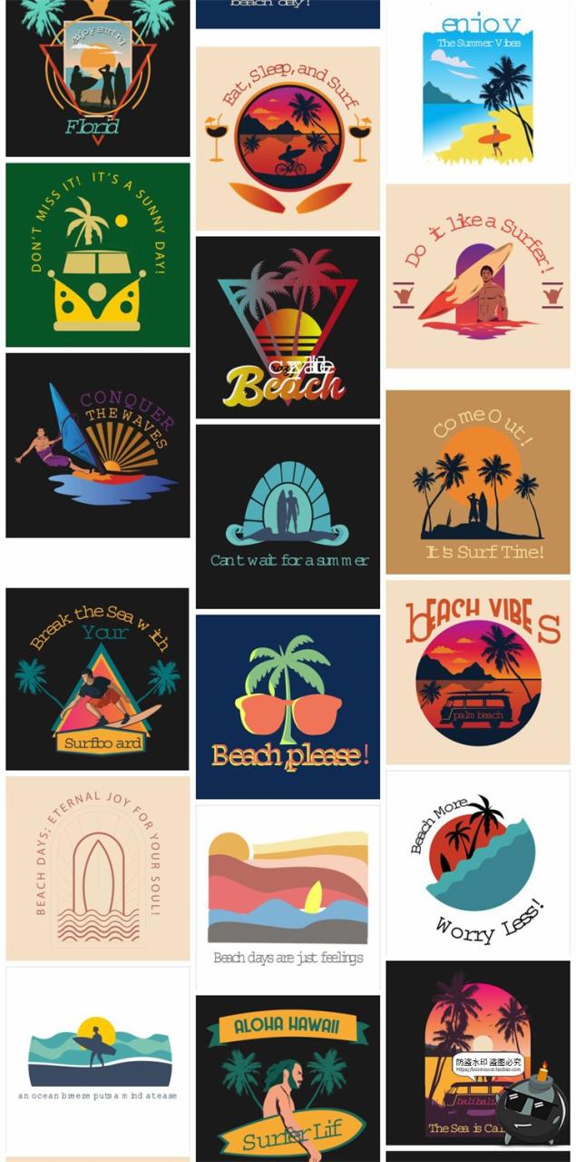 图片[3]-潮流复古夏日热带海边冲浪度假插画图案T恤印花矢量图AI图标素材-设计猿