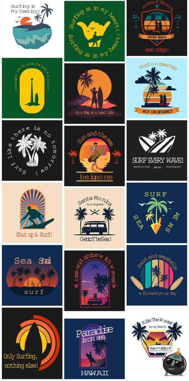 图片[5]-潮流复古夏日热带海边冲浪度假插画图案T恤印花矢量图AI图标素材-设计猿