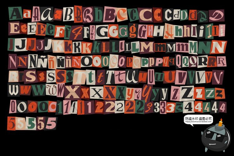 图片[2]-复古扁平字母数字字符剪纸片剪切画贴纸插图插画PNG免抠图片素材-设计猿