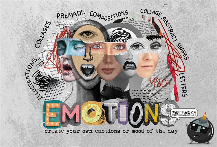 图片[1]-复古艺术五官情绪表情字母怀旧手稿撕纸剪贴画PNG免抠图片素材-设计猿