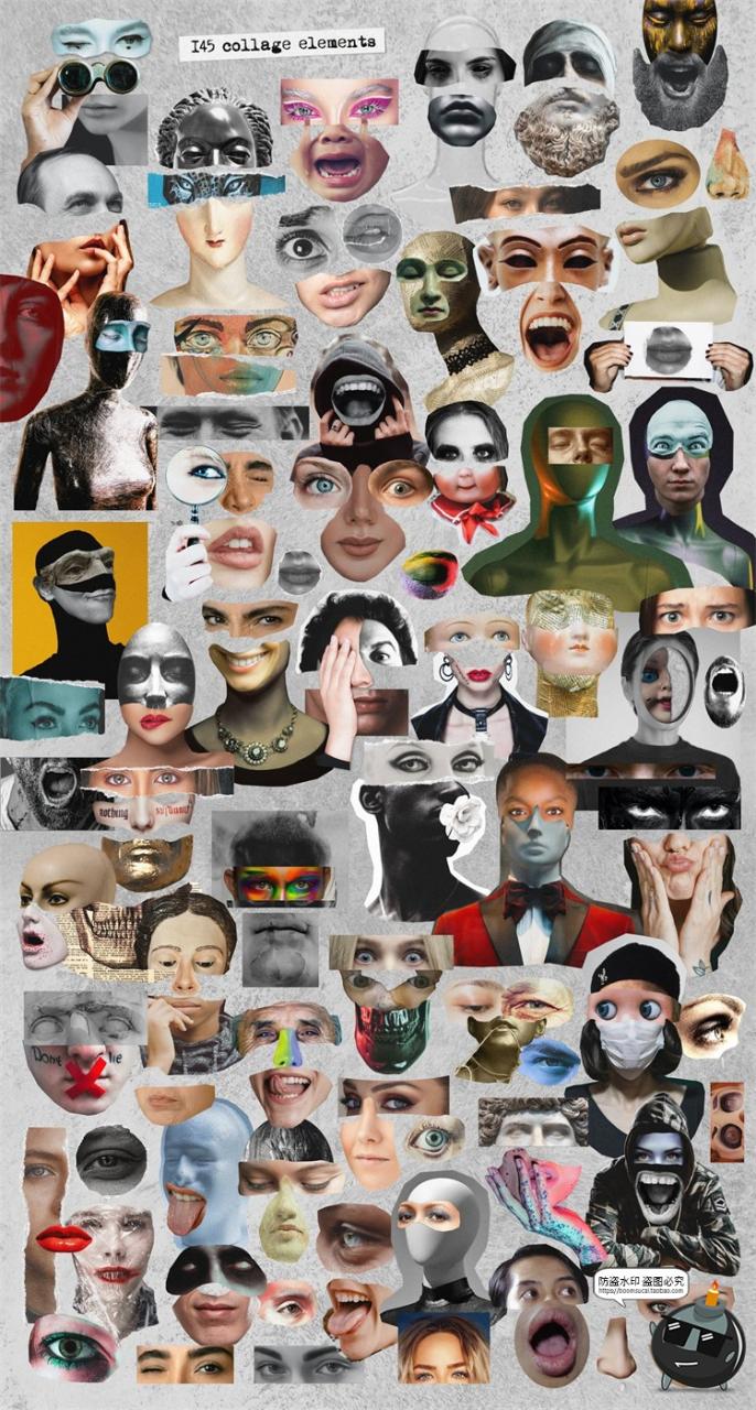 图片[2]-复古艺术五官情绪表情字母怀旧手稿撕纸剪贴画PNG免抠图片素材-设计猿