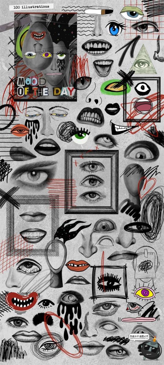 图片[3]-复古艺术五官情绪表情字母怀旧手稿撕纸剪贴画PNG免抠图片素材-设计猿