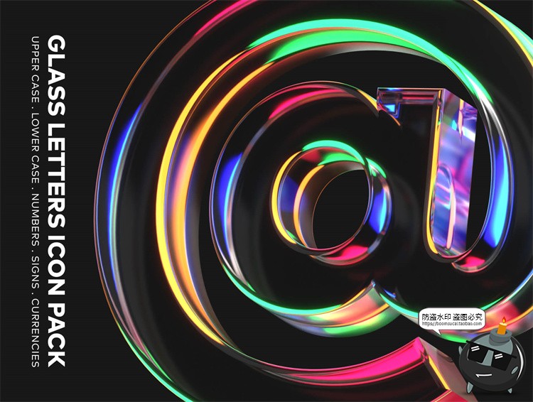 图片[1]-透明3D彩虹渐变彩色玻璃水晶视觉英文字母数字字符PNG免抠图素材-设计猿