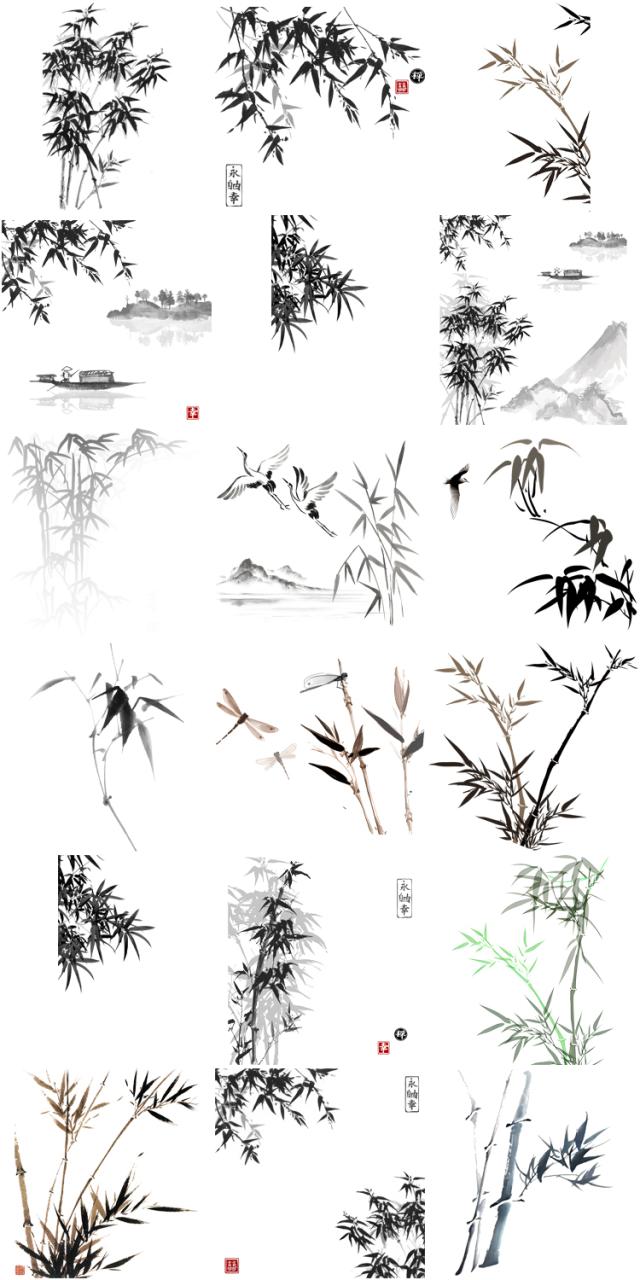 图片[2]-中国风水墨竹子古风竹叶竹林水彩手绘插画PNG免扣透明设计PS素材-设计猿