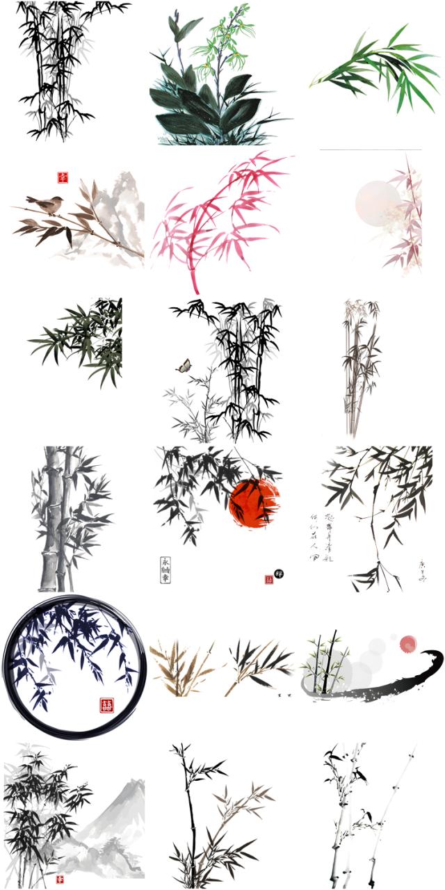 图片[3]-中国风水墨竹子古风竹叶竹林水彩手绘插画PNG免扣透明设计PS素材-设计猿