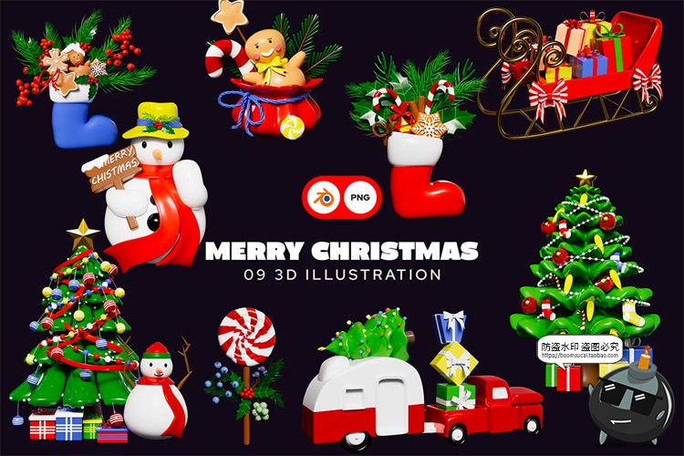 图片[1]-卡通圣诞节3D趣味雪人礼物帽子花圈装饰插图插画PNG免抠图片素材-设计猿