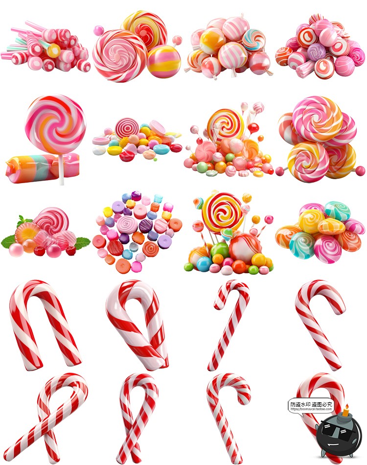 图片[1]-圣诞节3D装饰元素树木姜饼小人礼物雪花拐杖糖果PNG免抠图片素材-设计猿