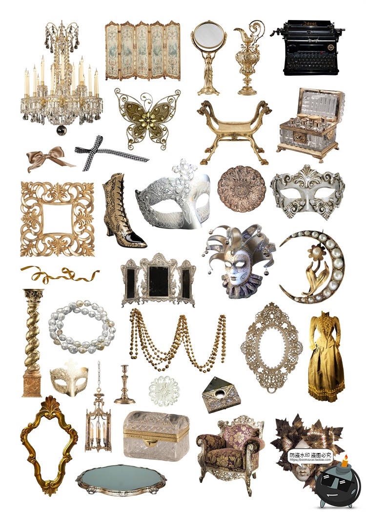 图片[2]-复古古典西方中世纪欧式宫廷风物品物件时钟手账PNG免抠图案素材-设计猿