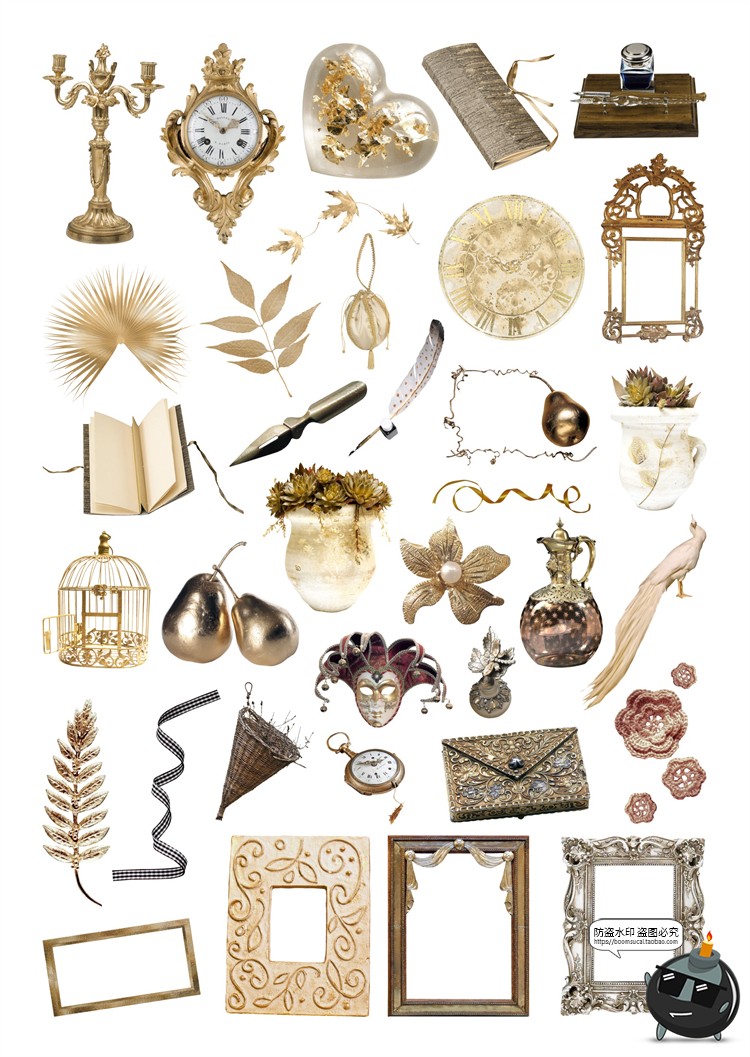 图片[4]-复古古典西方中世纪欧式宫廷风物品物件时钟手账PNG免抠图案素材-设计猿