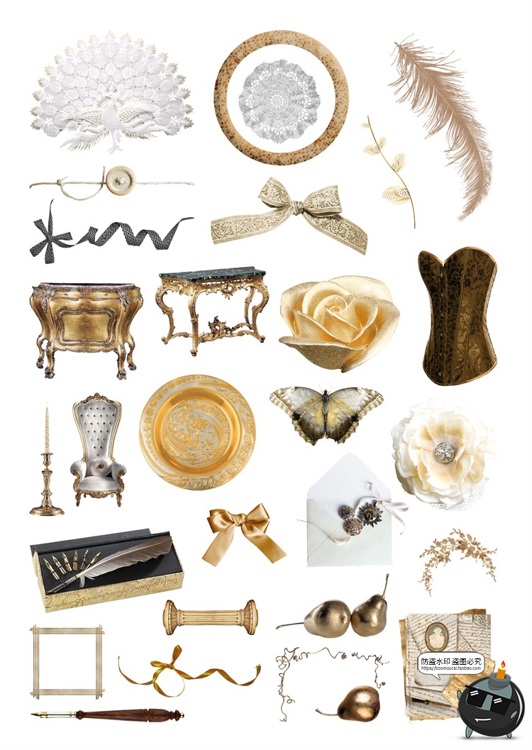 图片[5]-复古古典西方中世纪欧式宫廷风物品物件时钟手账PNG免抠图案素材-设计猿