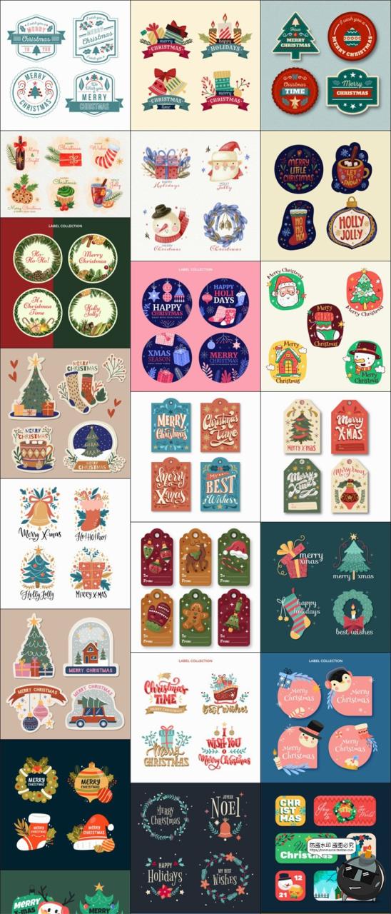 图片[1]-圣诞贴纸图案卡通手绘标签卡片节日老人树麋鹿海报AI矢量模板素材-设计猿