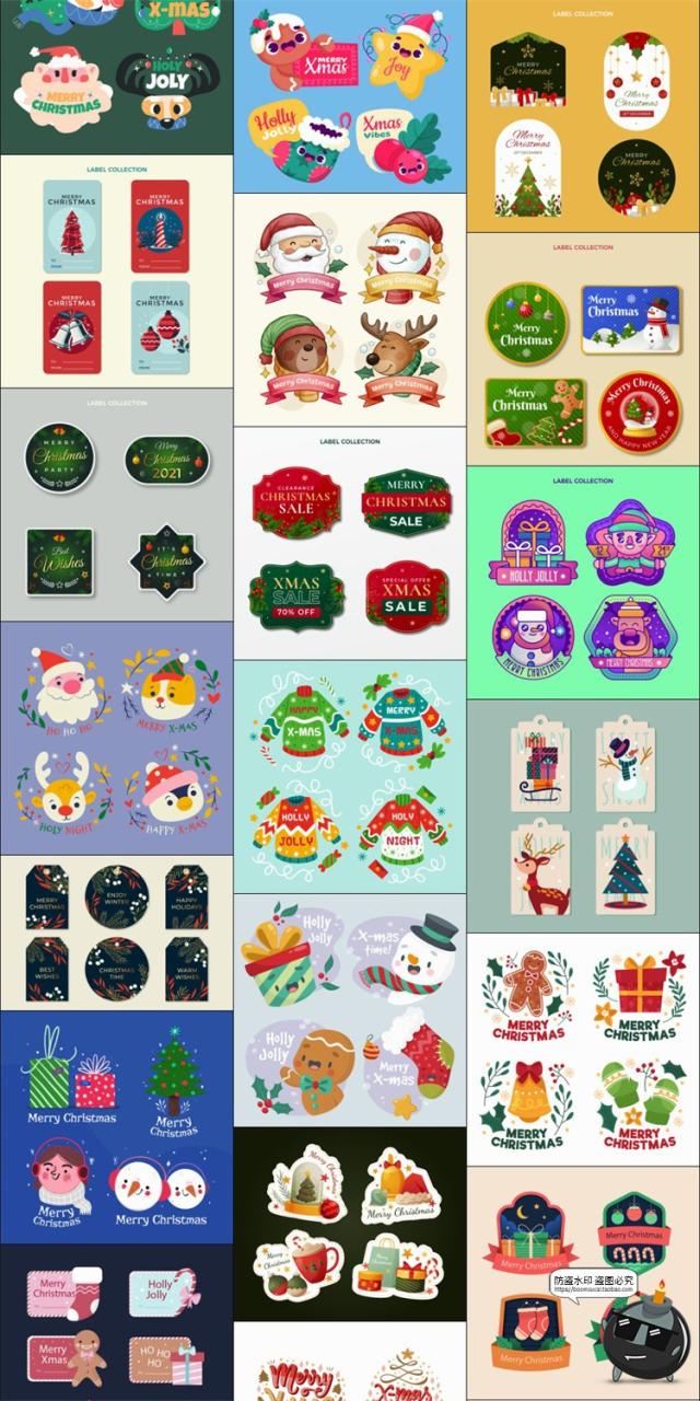 图片[2]-圣诞贴纸图案卡通手绘标签卡片节日老人树麋鹿海报AI矢量模板素材-设计猿