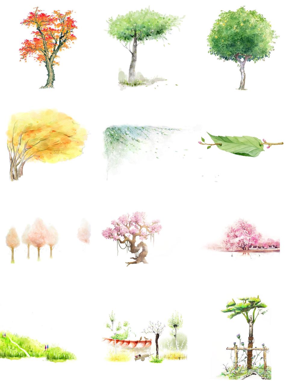 图片[1]-唯美水彩手绘墨迹树木树叶盆栽园艺花卉插画叶子PNG免扣设计素材-设计猿