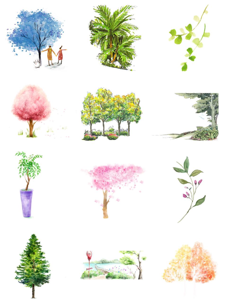 图片[2]-唯美水彩手绘墨迹树木树叶盆栽园艺花卉插画叶子PNG免扣设计素材-设计猿