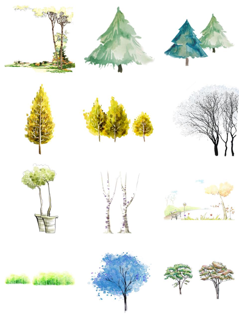 图片[3]-唯美水彩手绘墨迹树木树叶盆栽园艺花卉插画叶子PNG免扣设计素材-设计猿