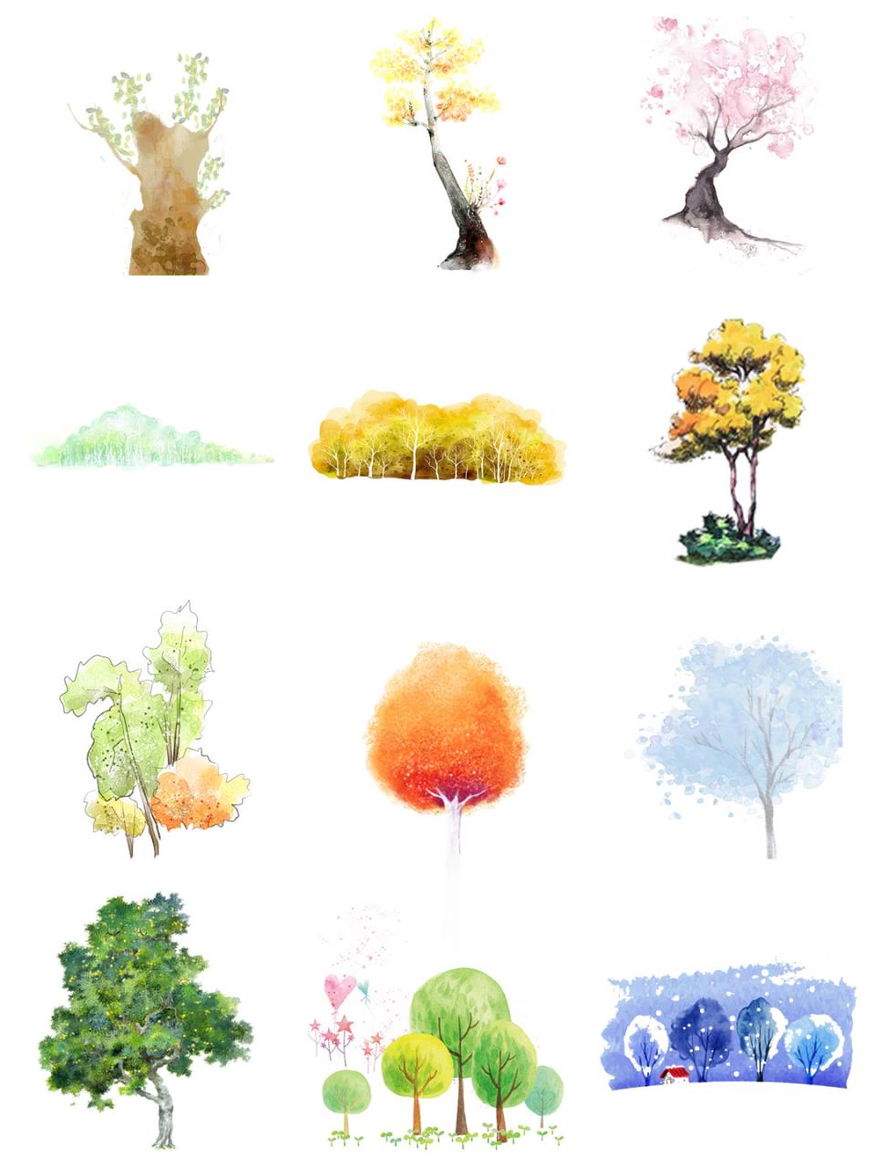 图片[4]-唯美水彩手绘墨迹树木树叶盆栽园艺花卉插画叶子PNG免扣设计素材-设计猿