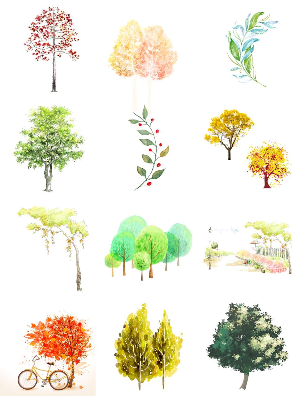 图片[6]-唯美水彩手绘墨迹树木树叶盆栽园艺花卉插画叶子PNG免扣设计素材-设计猿