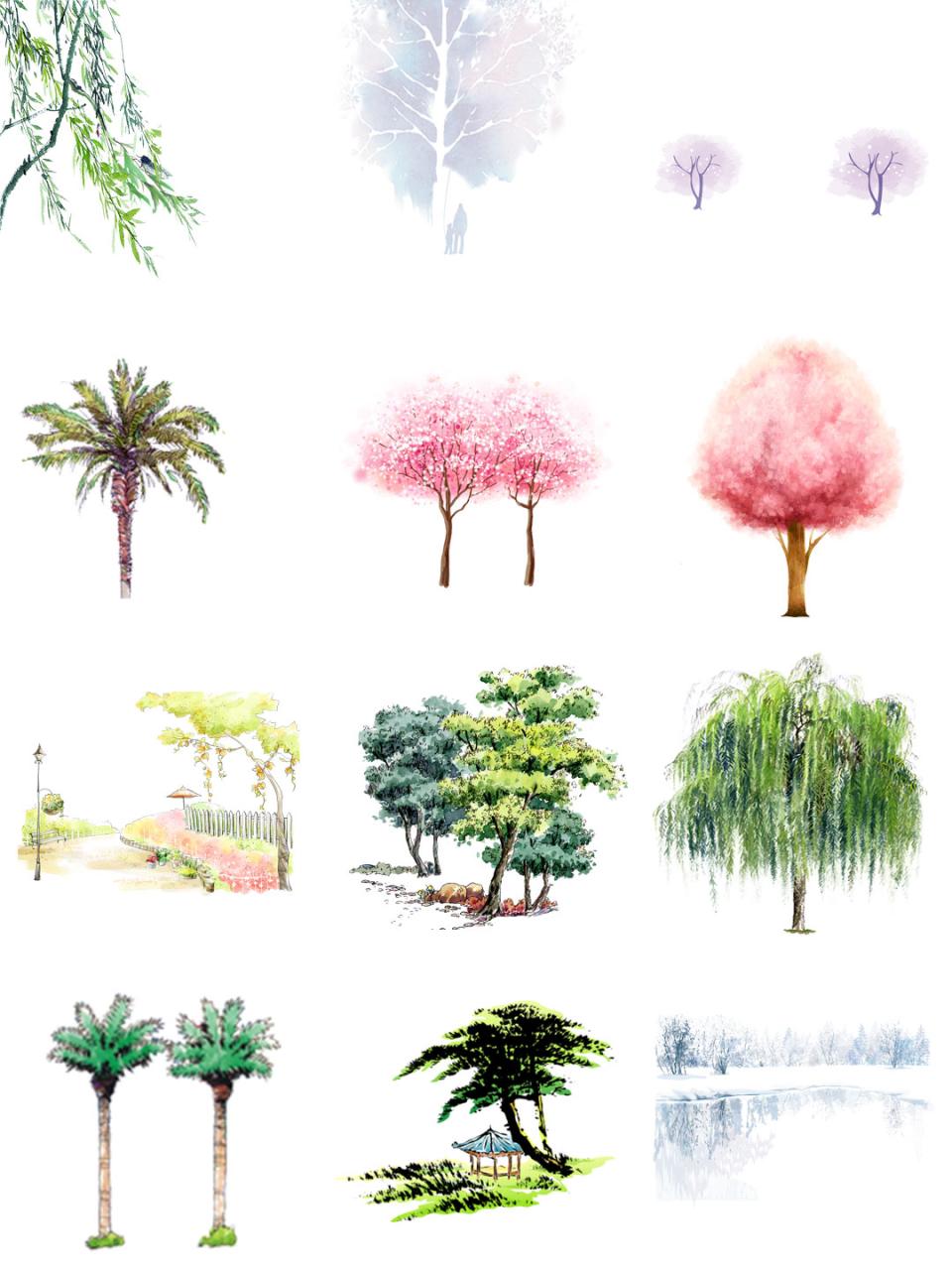 图片[8]-唯美水彩手绘墨迹树木树叶盆栽园艺花卉插画叶子PNG免扣设计素材-设计猿