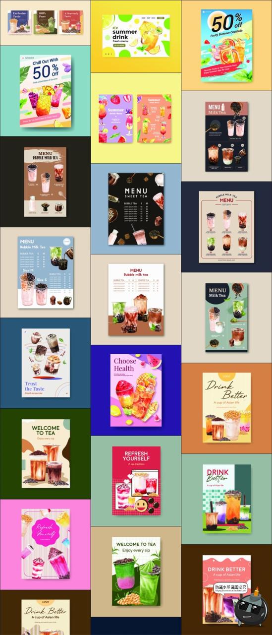 图片[1]-咖啡奶茶海报元素图案手绘插画店铺横幅banner平面模板AI矢量素材-设计猿