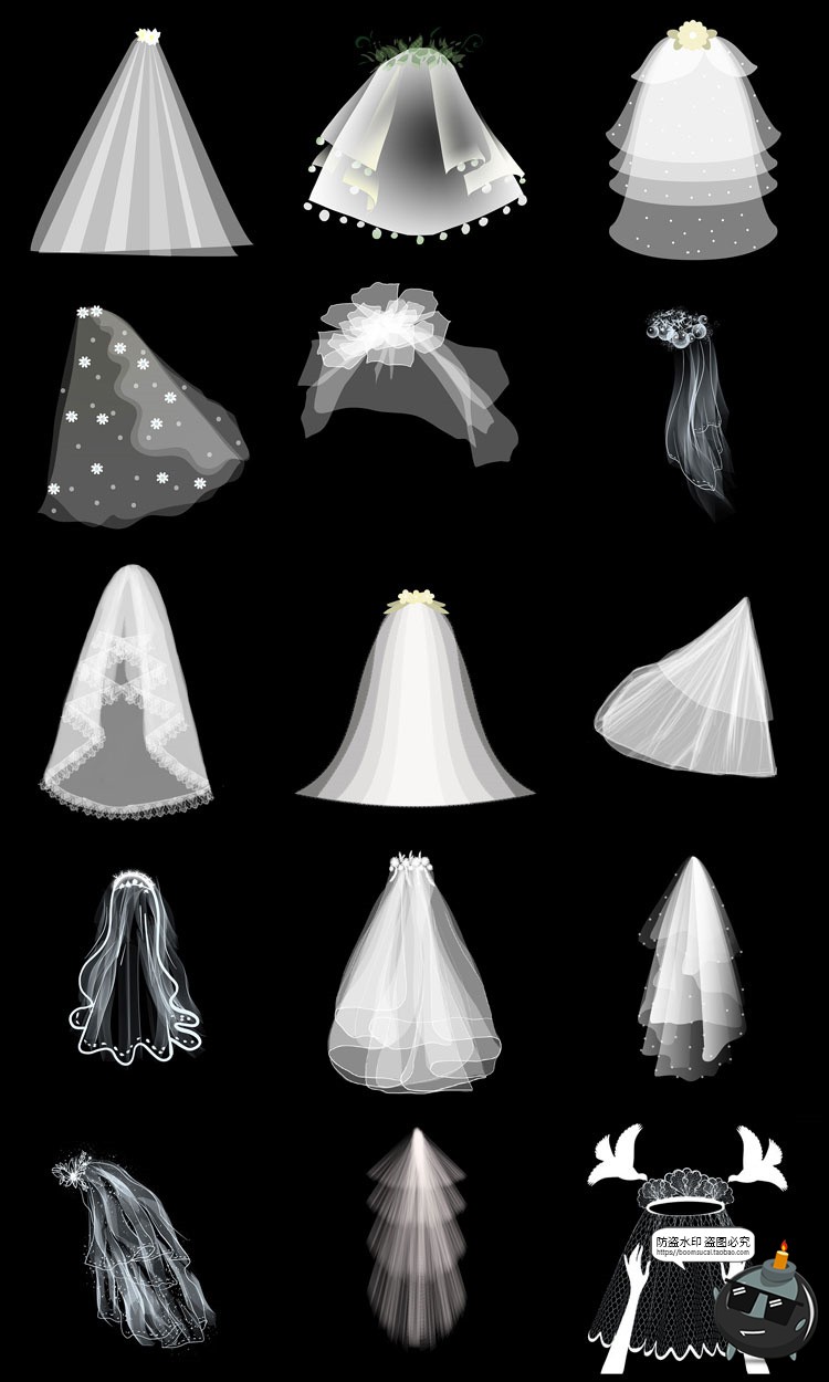 图片[1]-唯美白色婚礼婚纱网纱头纱巾头纱图案后期装饰PNG免抠透明PS素材-设计猿