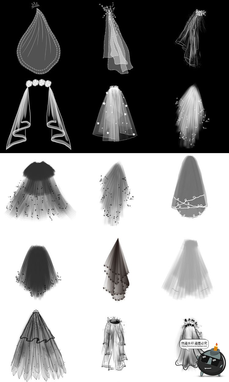 图片[7]-唯美白色婚礼婚纱网纱头纱巾头纱图案后期装饰PNG免抠透明PS素材-设计猿