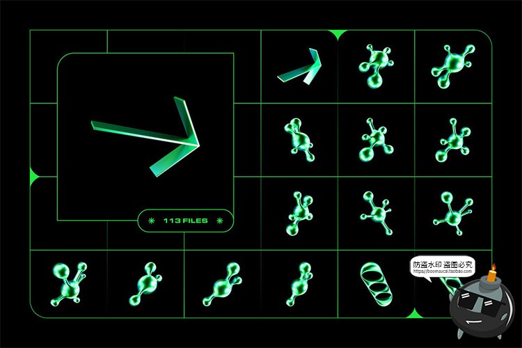 图片[3]-科幻Y2K抽象绿色酸性元素3D立体复古艺术几何图形PNG免抠图片素材-设计猿