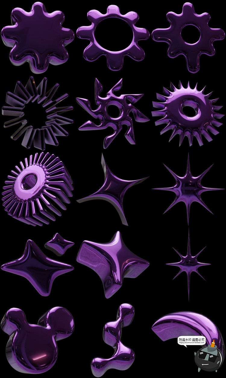 图片[3]-Y2K科幻抽象未来主义3D紫色艺术金属镀铬几何图形PNG免抠图片素材-设计猿