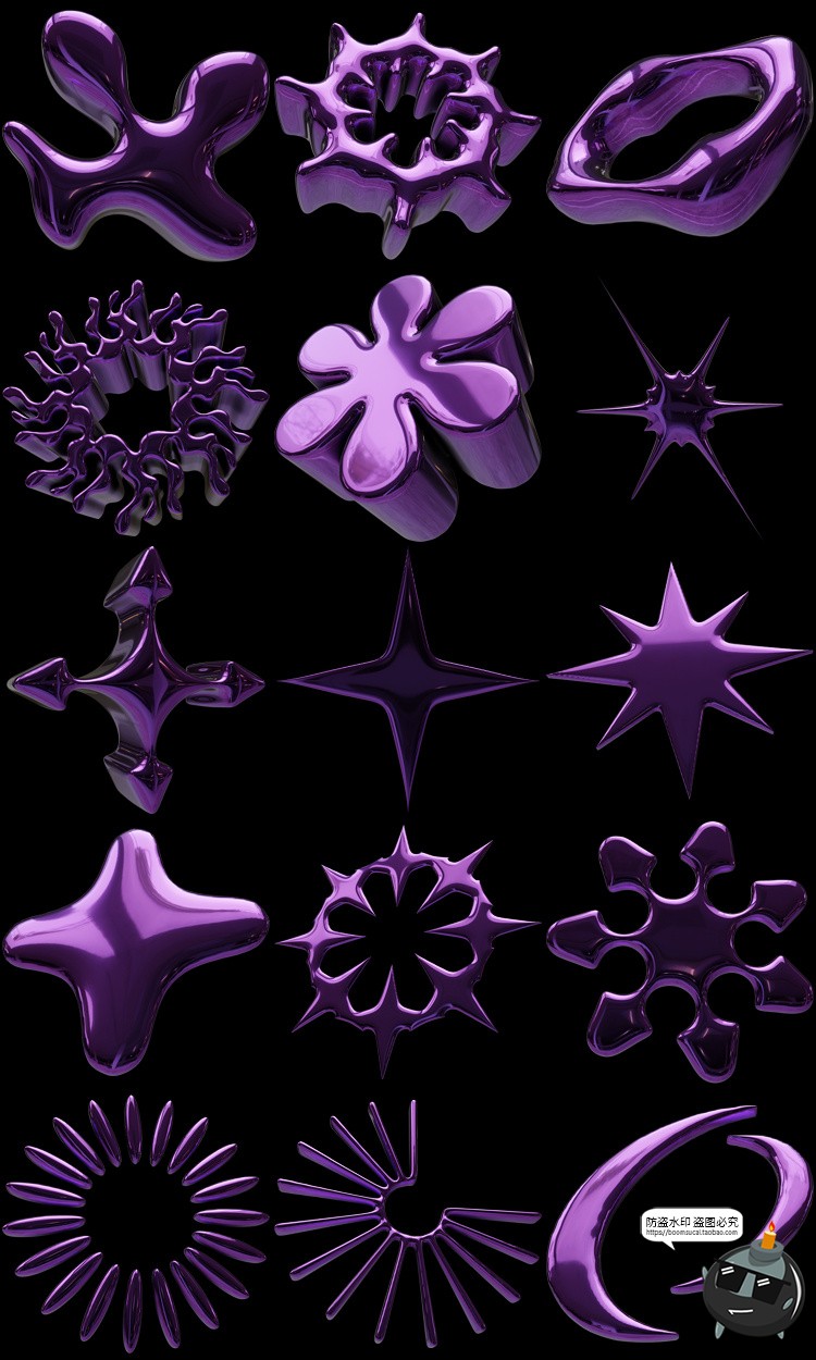 图片[5]-Y2K科幻抽象未来主义3D紫色艺术金属镀铬几何图形PNG免抠图片素材-设计猿