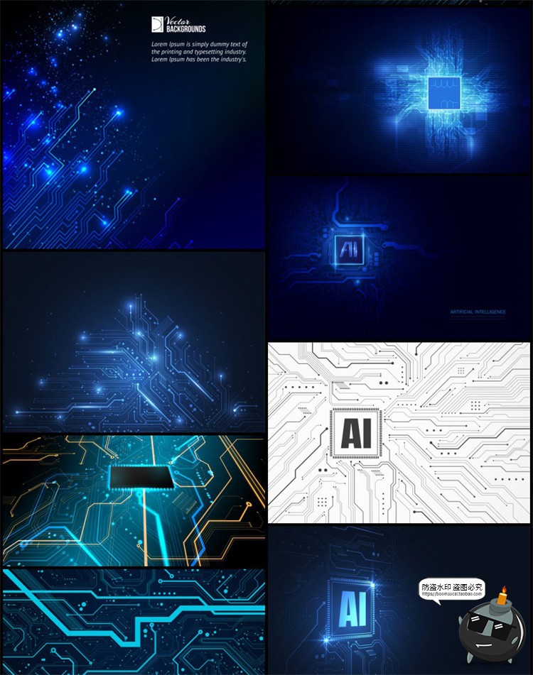 图片[15]-蓝色AI科技芯片电路板线路图线条人工智能海报背景插画AI矢量素材-设计猿