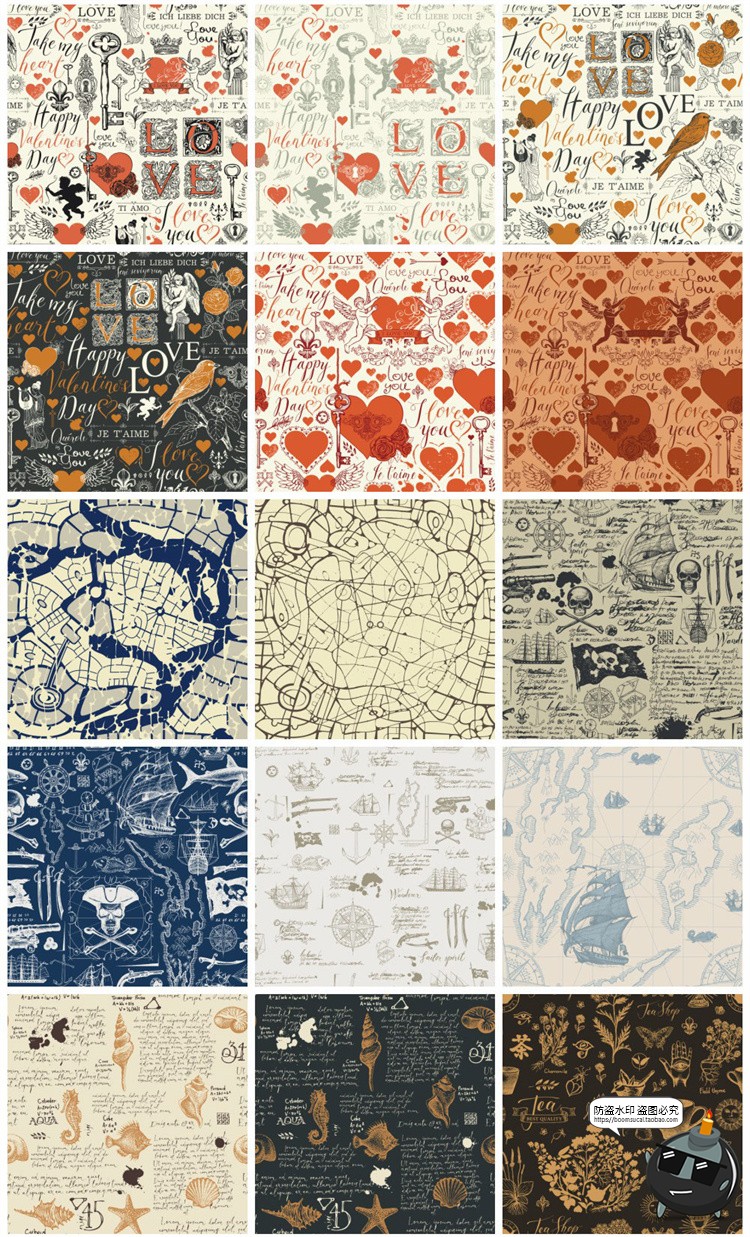 图片[2]-复古怀旧手绘元素插画无缝图案装饰底纹背景AI矢量JPG图片素材-设计猿