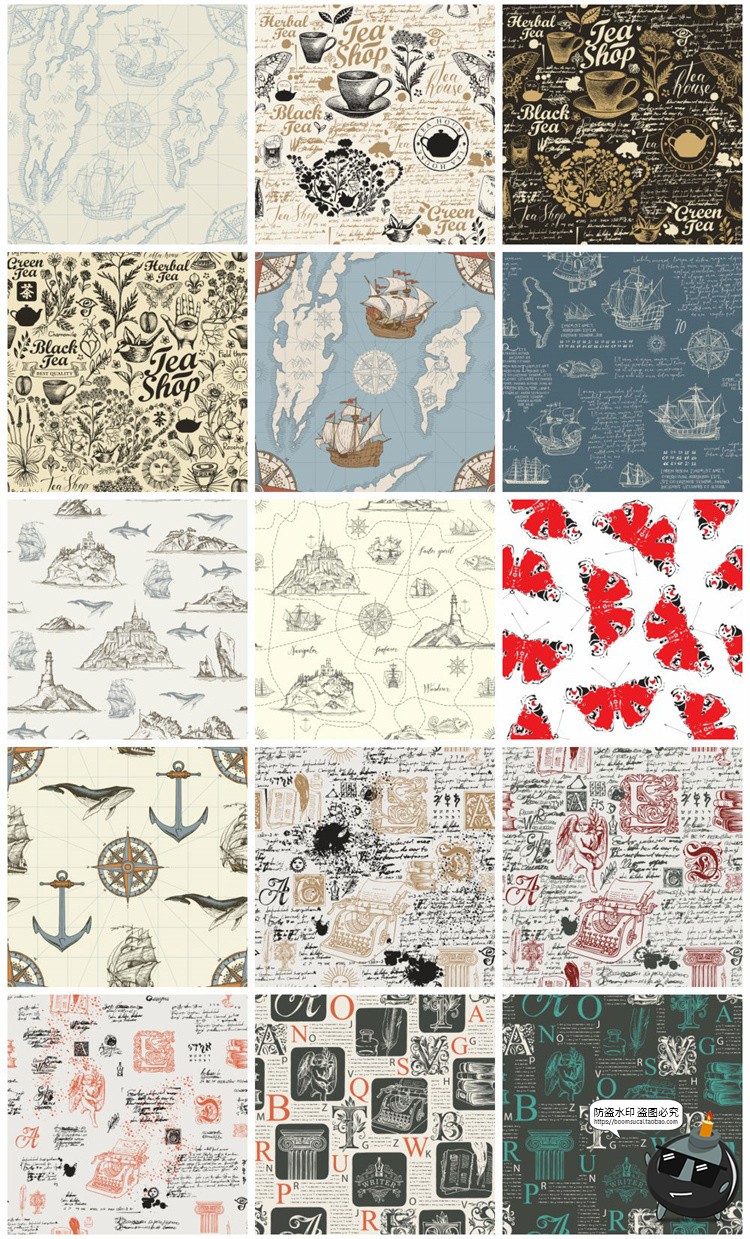 图片[3]-复古怀旧手绘元素插画无缝图案装饰底纹背景AI矢量JPG图片素材-设计猿