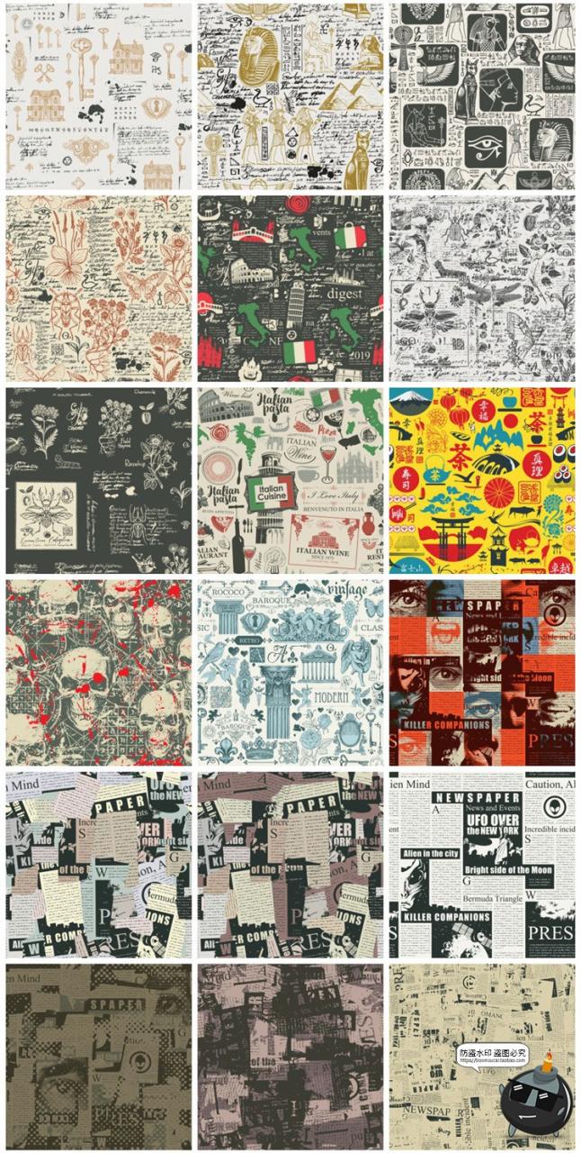 图片[5]-复古怀旧手绘元素插画无缝图案装饰底纹背景AI矢量JPG图片素材-设计猿