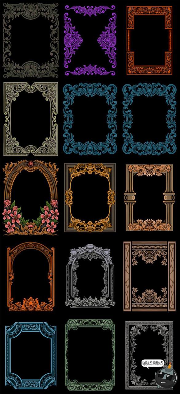 图片[1]-欧式复古巴洛克暗黑风装饰边框花边底纹纹理框架图案AI矢量图素材-设计猿