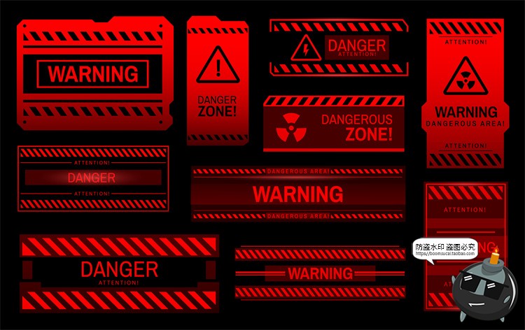 图片[1]-危险警告信号HUD红色科技边框提醒弹窗元素交互界面矢量图AI素材-设计猿