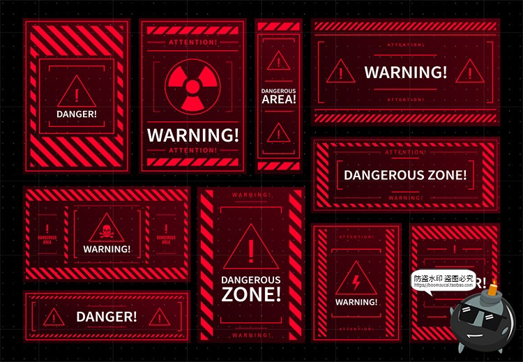 图片[2]-危险警告信号HUD红色科技边框提醒弹窗元素交互界面矢量图AI素材-设计猿