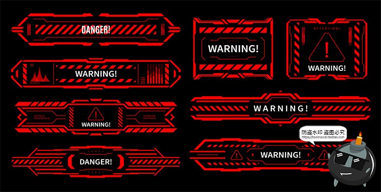 图片[3]-危险警告信号HUD红色科技边框提醒弹窗元素交互界面矢量图AI素材-设计猿