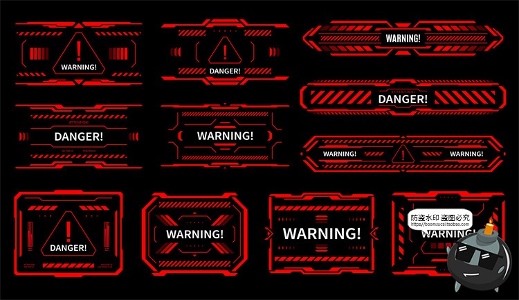 图片[5]-危险警告信号HUD红色科技边框提醒弹窗元素交互界面矢量图AI素材-设计猿