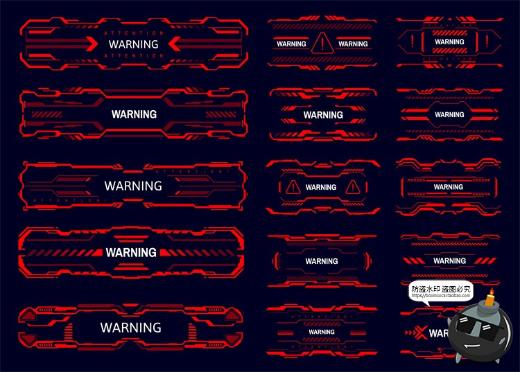 图片[6]-危险警告信号HUD红色科技边框提醒弹窗元素交互界面矢量图AI素材-设计猿