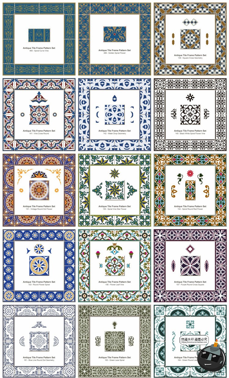 图片[1]-传统民族风经典瓷砖方形围边转角装饰边框图案底纹AI矢量印花素材-设计猿
