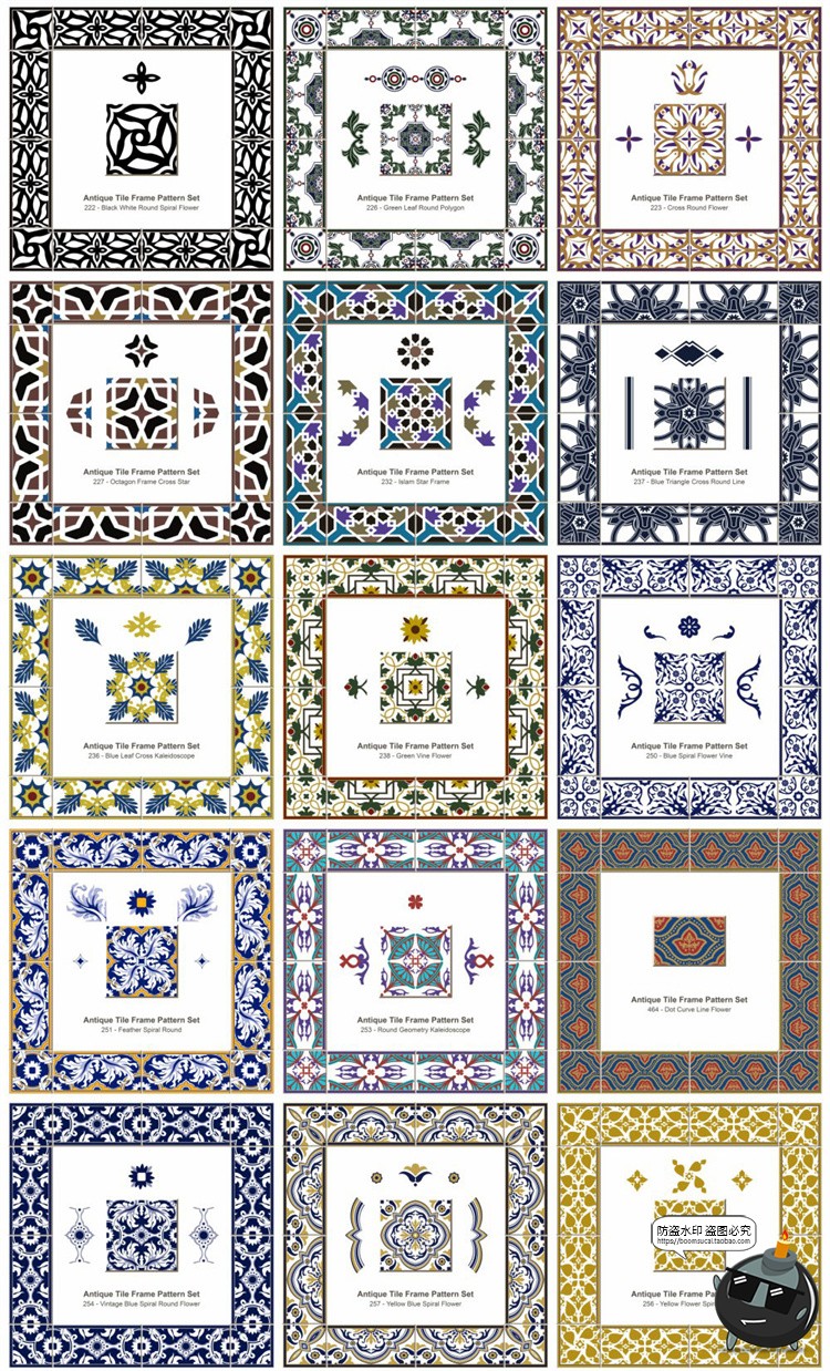 图片[3]-传统民族风经典瓷砖方形围边转角装饰边框图案底纹AI矢量印花素材-设计猿