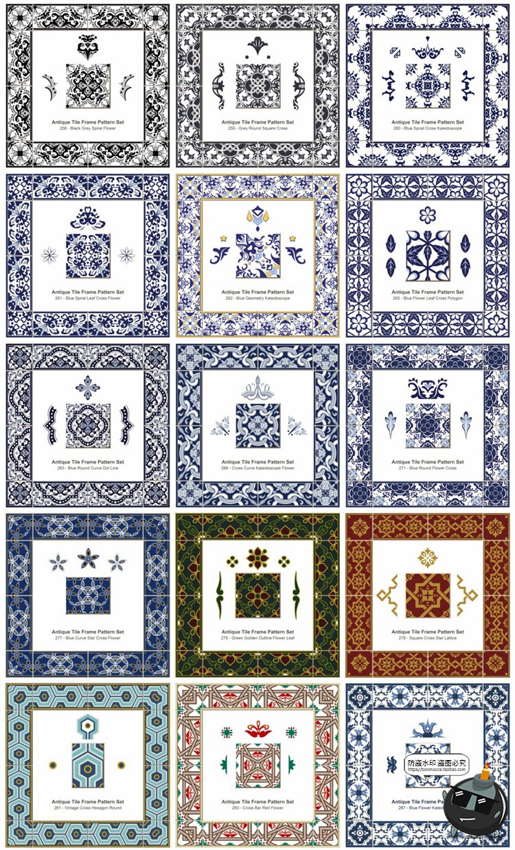 图片[4]-传统民族风经典瓷砖方形围边转角装饰边框图案底纹AI矢量印花素材-设计猿