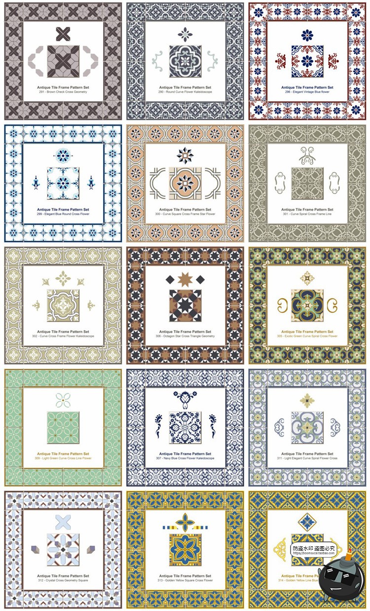 图片[5]-传统民族风经典瓷砖方形围边转角装饰边框图案底纹AI矢量印花素材-设计猿