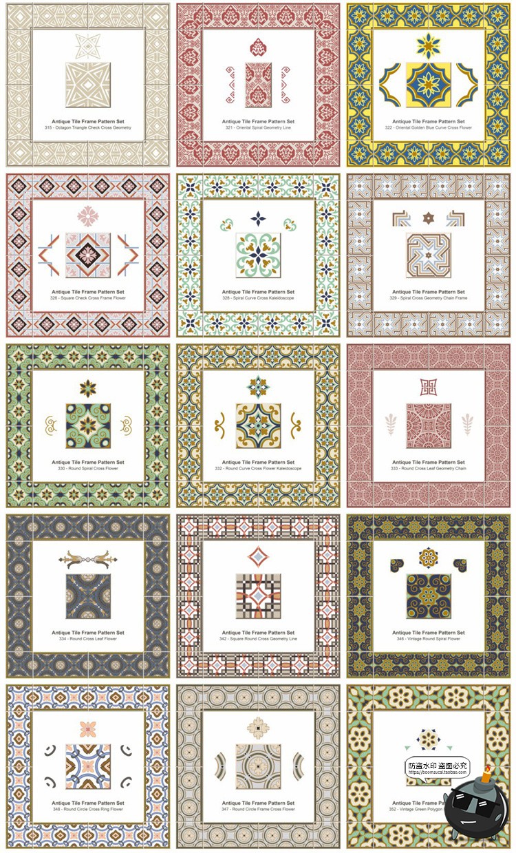 图片[6]-传统民族风经典瓷砖方形围边转角装饰边框图案底纹AI矢量印花素材-设计猿