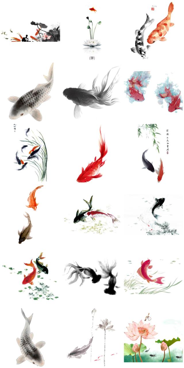 图片[2]-中国风古典复古水墨手绘墨迹鲤鱼锦鲤金鱼鱼类PNG免抠透明PS素材-设计猿