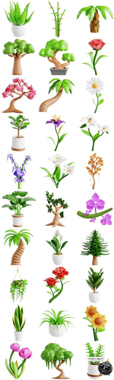 图片[3]-卡通植物3D花卉盆栽绿植树木鲜花插画GLB图标PNG免抠图片OBJ素材-设计猿